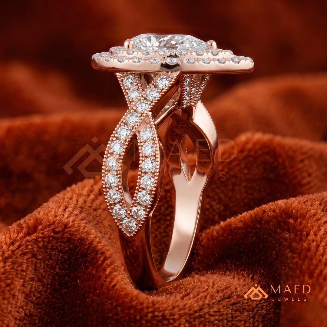 Double Halo Pear Cut Engagement Ring with Twisted Pave Band
