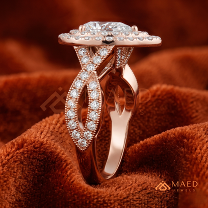 Double Halo Pear Cut Engagement Ring with Twisted Pave Band