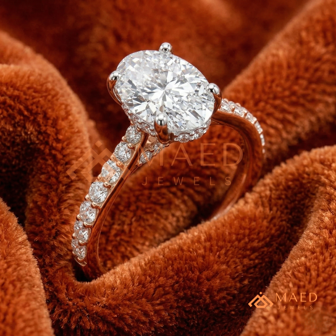 Oval Cut Moissanite Engagement Ring | 14K Gold, Rose Gold & Silver Pave Band