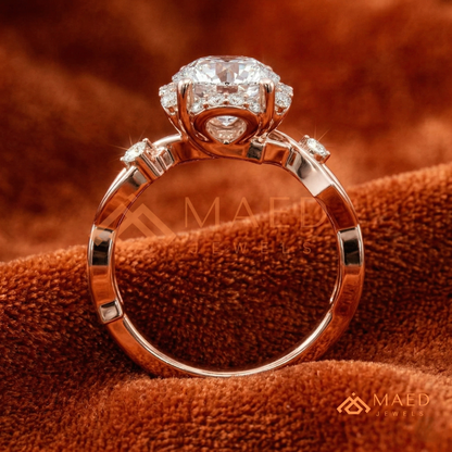 Round Cut Floral Halo Engagement Ring with Twisted Infinty Band in 14K Gold, Rose Gold & Silver