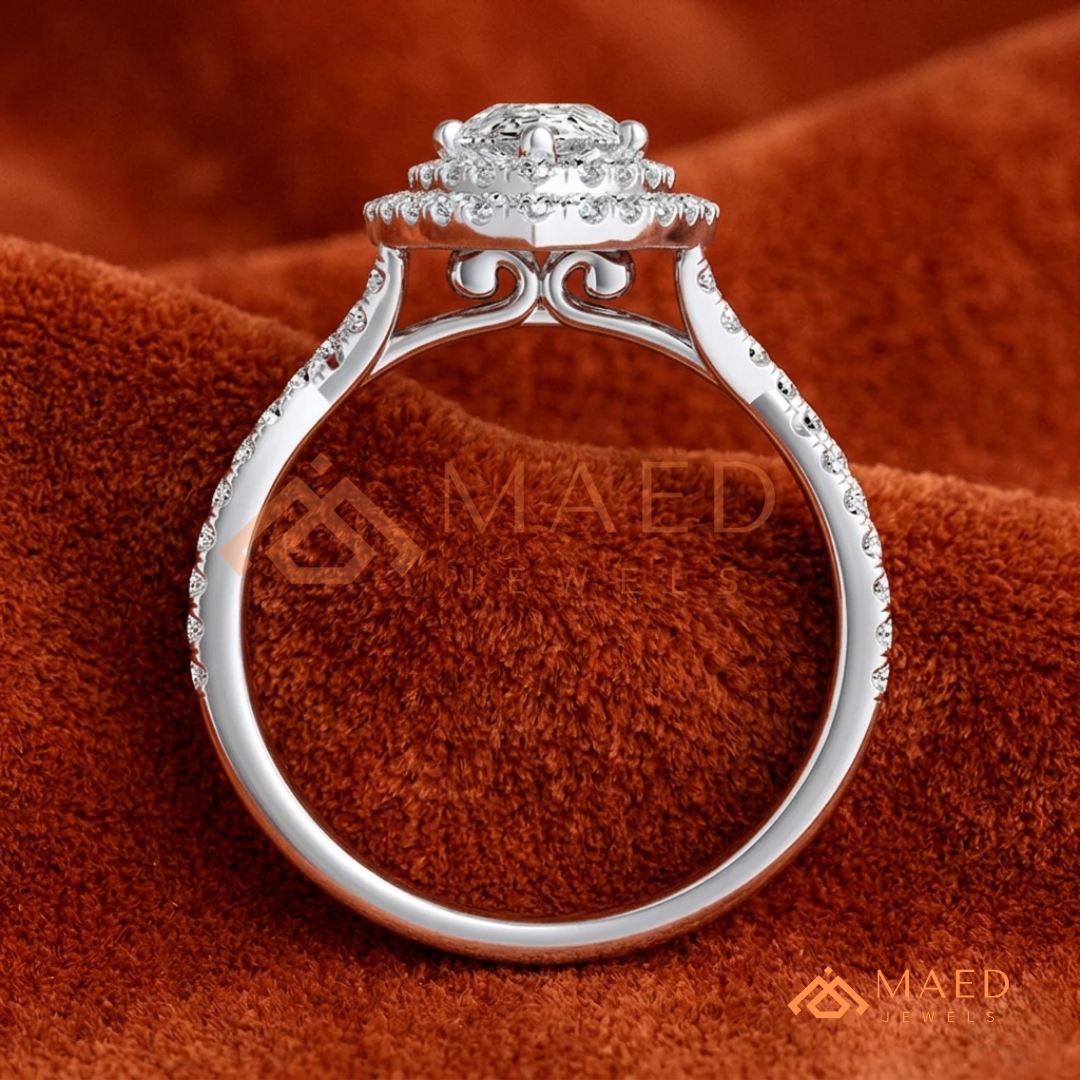 Pear Cut Halo Engagement Ring with Twisted Pavé Band – Sterling Silver, 14K Gold, or 14K Rose Gold