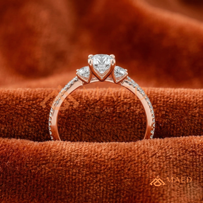 Round Cut 3-Stone Engagement Ring with Twisted Pavé Band in Silver, 14K Gold, & 14K Rose Gold
