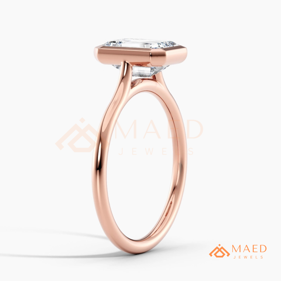 Modern Emerald Cut Solitaire Bezel Engagement Ring in Silver, 14K Gold & Rose Gold