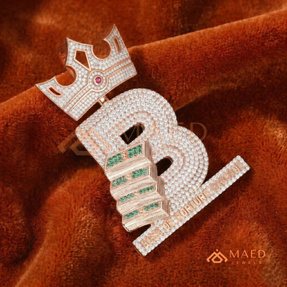 Custom Crown Initial "B" Money Stack Pendant in Sterling Silver & 14K Gold
