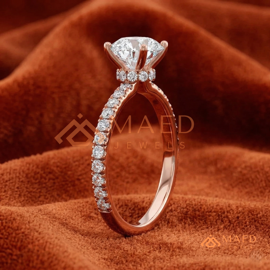 Classic Round Cut Pave Solitaire Ring in Silver, 14K Yellow Gold, or Rose Gold