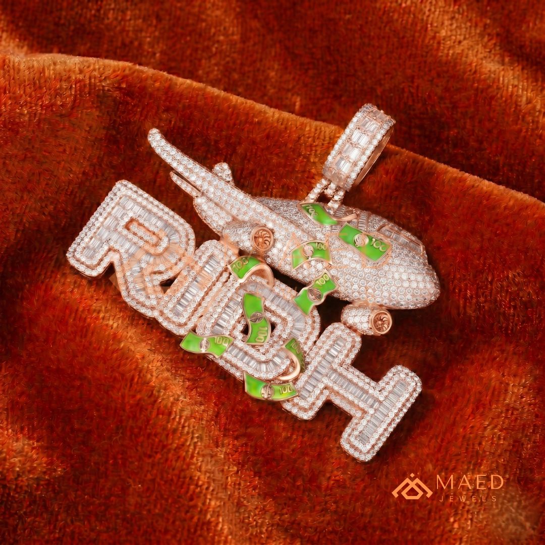"RICH" Jet & Money Statement Pendant – Iced Out Luxury Medallion