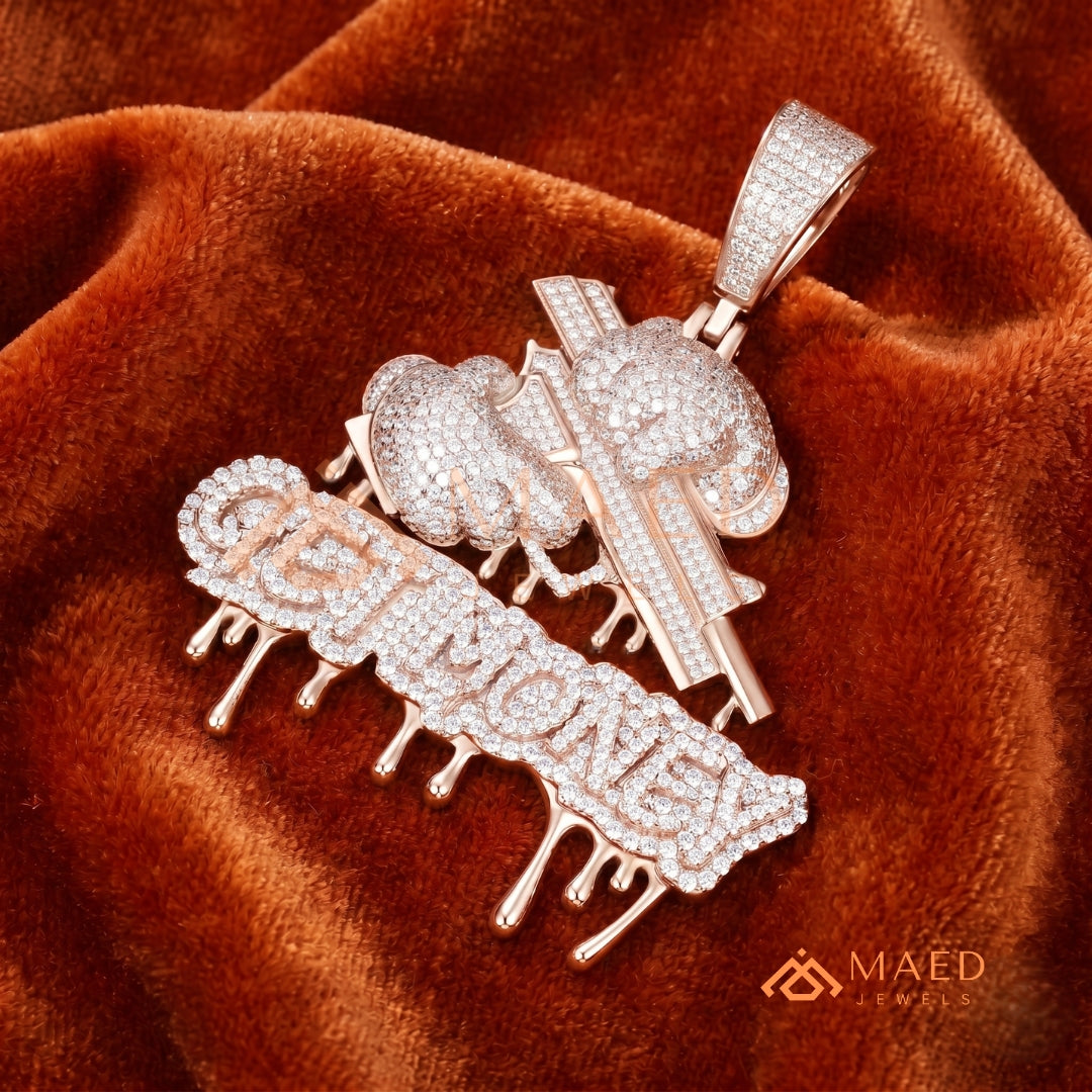 Iced Out "GET MONEY" Drip Pendant – 14K Gold, Rose Gold & Sterling Silver Hip Hop Charm