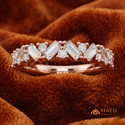 Angled Baguette & Round Cut Chevron Wedding Band | Crown Moissanite Tiara Ring in Silver, 14K Gold, & Rose Gold