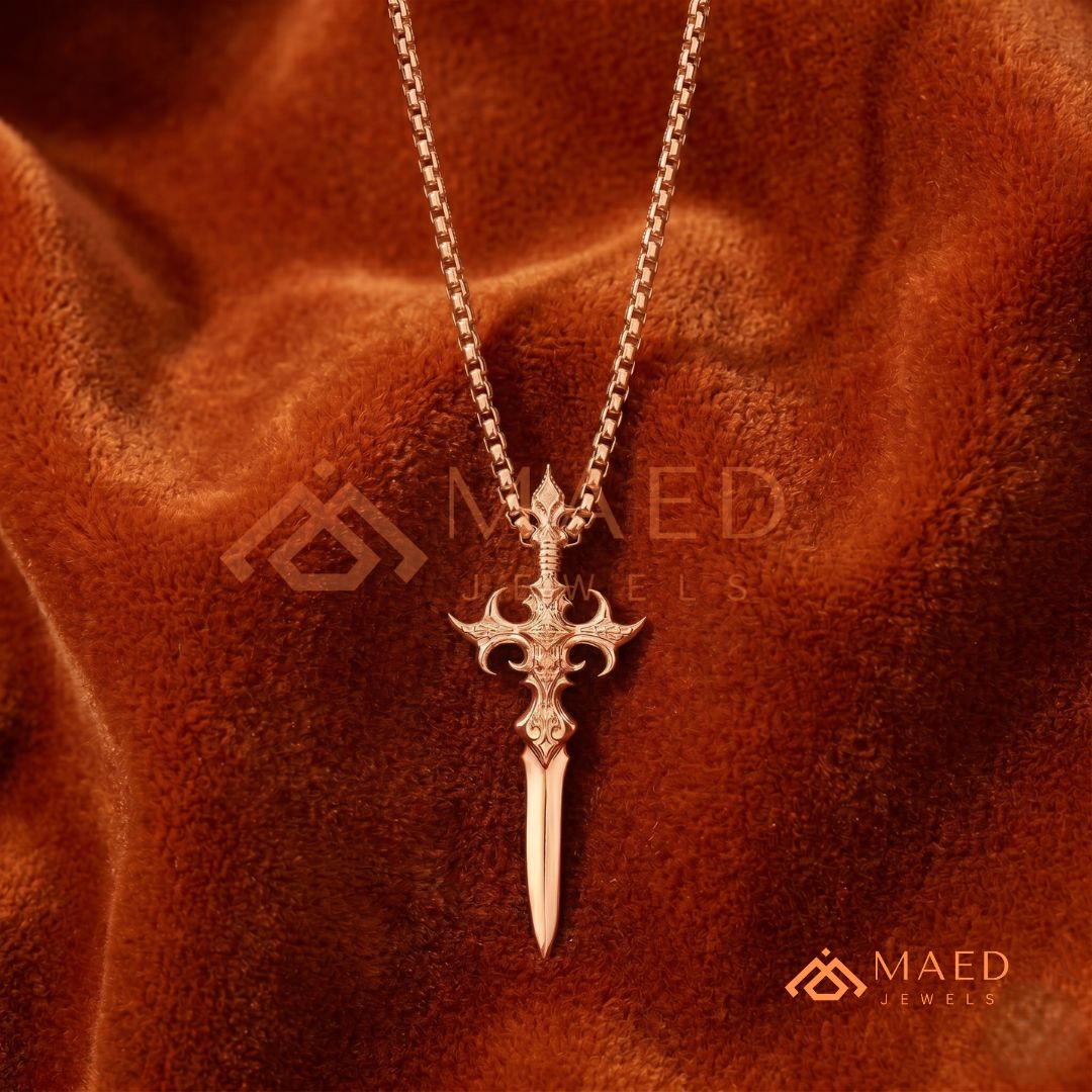 Gothic Dagger Cross Pendant Necklace in Sterling Silver, 14K Gold & Rose Gold