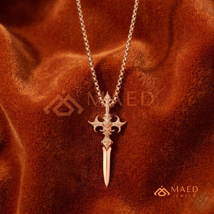 Gothic Dagger Cross Pendant Necklace in Sterling Silver, 14K Gold & Rose Gold