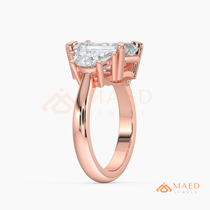 Emerald Cut Three Stone Engagement Ring | Half Moon Side Stones in 14K Gold & Silver