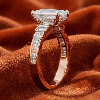Emerald Cut Three-Stone Ring with Baguette and Channel Princess Band in Silver, 14K Gold, & 14K Rose Gold