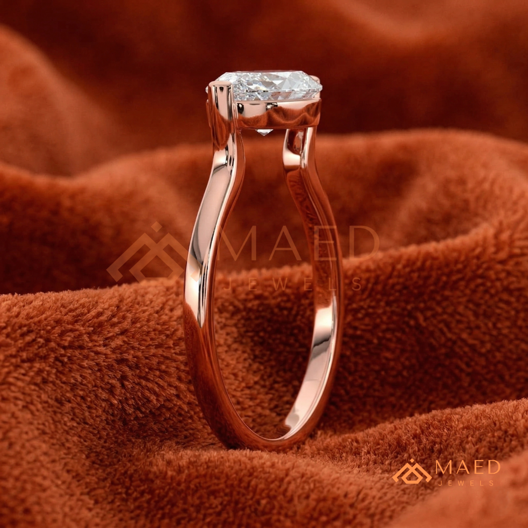 Horizontal Marquise Solitaire Ring with V-Prongs in Silver, 14K Yellow or Rose Gold