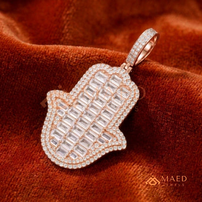 Iced Out Emerald Cut Hamsa Pendant | Sterling Silver, 14K Gold & Rose Gold