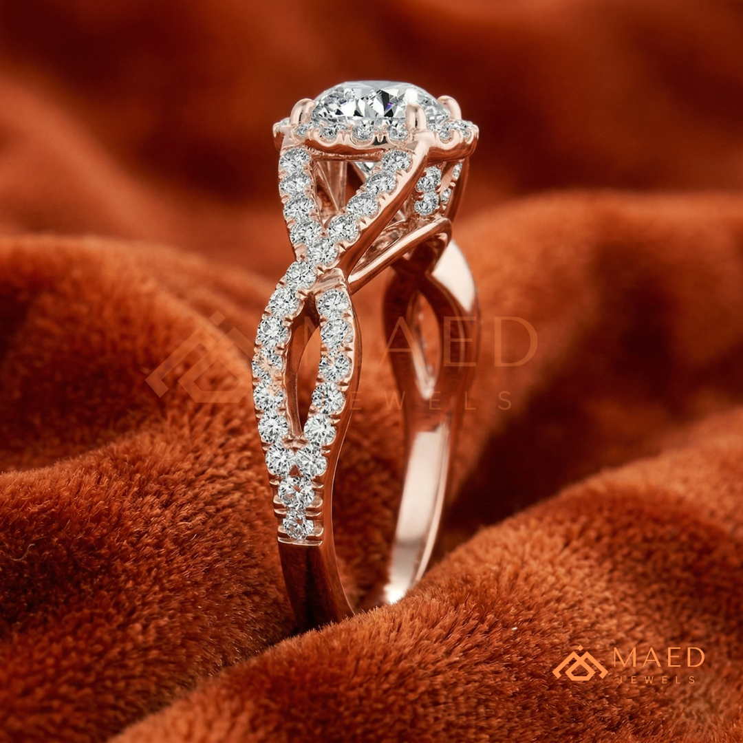 Entwined Infinity Halo Diamond Simulant Ring in 14K Yellow Gold, Rose Gold & Silver