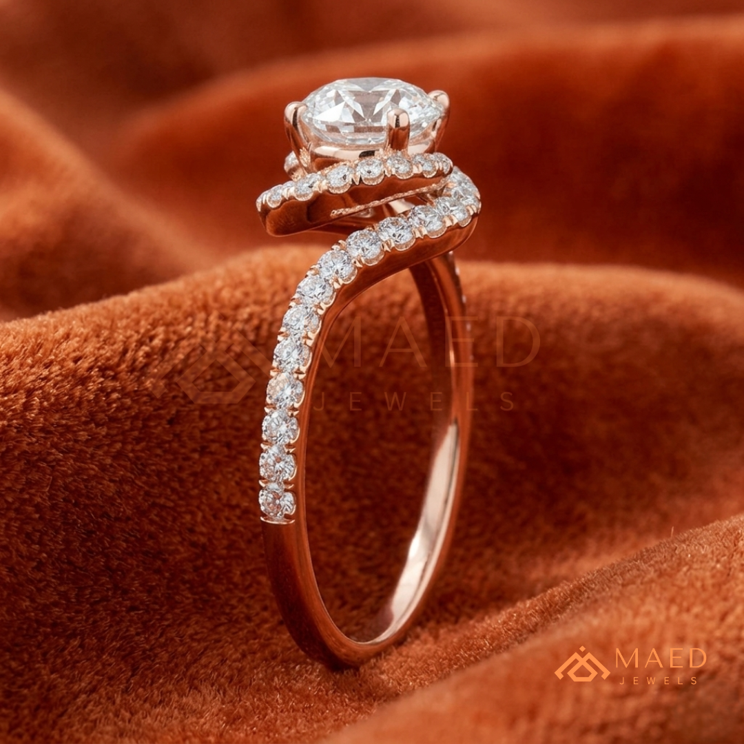 Moissanite Bypass Halo Engagement Ring in 14K Gold, Rose Gold & Sterling Silver | Twisted Pave Diamond Accent Ring for Women