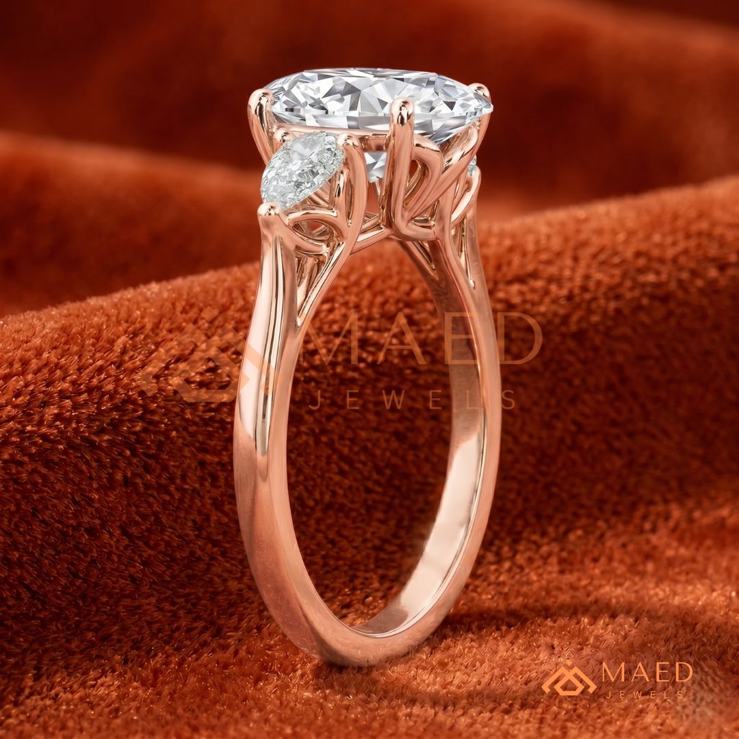 Oval Cut Engagement Ring with Pear Side Stones in Silver, 14K Gold, & 14K Rose Gold