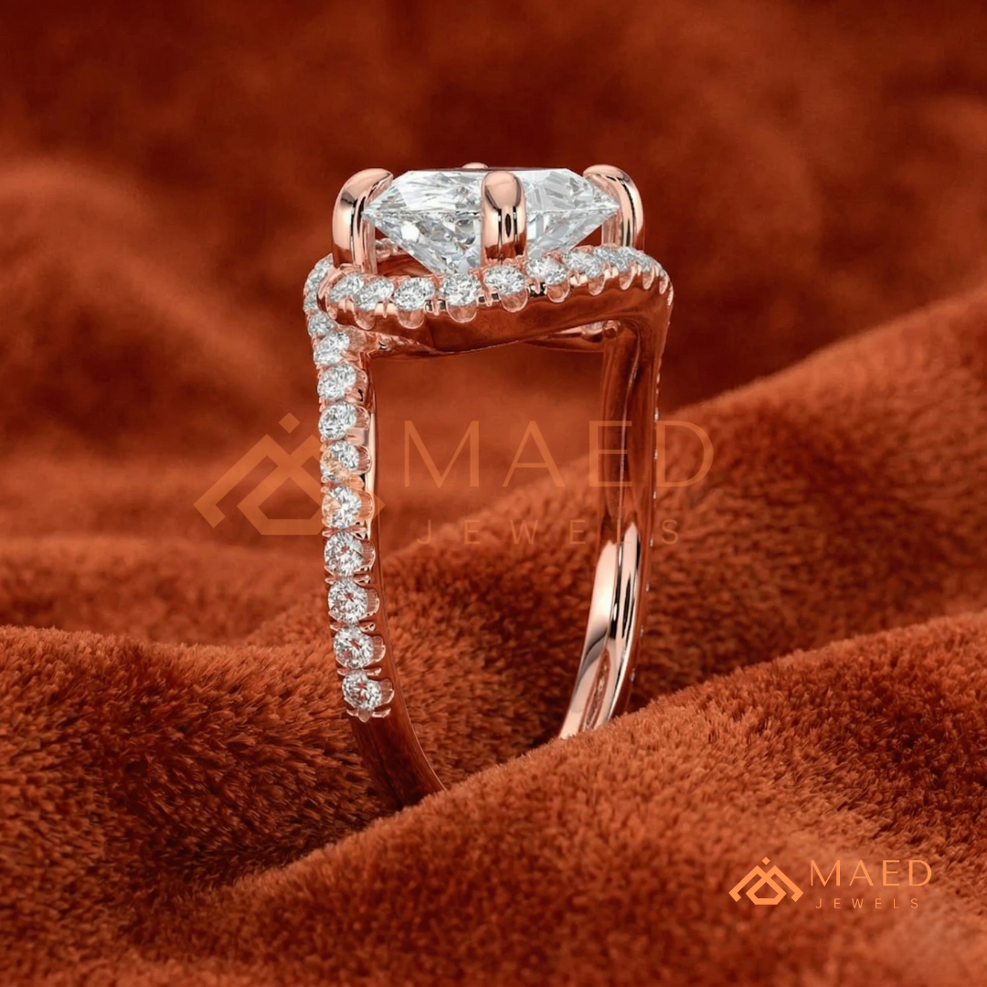East-West Oval Cut Halo Engagement Ring | Bypass Pavé Band in 14K Gold, Rose Gold & Sterling Silver