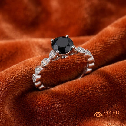 Art Deco Black Stone Ring with Milgrain Marquise Band – Silver, 14K Yellow & Rose Gold