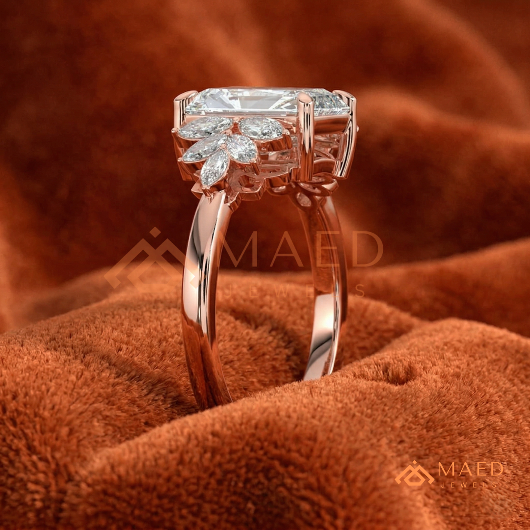 Radiant Cut Engagement Ring with Marquise Diamond Lotus Cluster in 14K Gold, Rose Gold & Silver