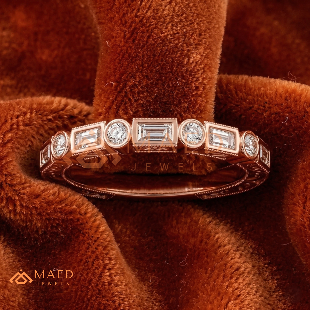 Vintage Alternating Baguette and Round Cut Diamond Wedding Band in Sterling Silver & 14K Gold