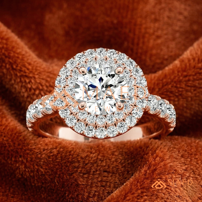 Double Halo Round Brilliant Engagement Ring with Pavé Band – Sterling Silver, 14K Gold, or 14K Rose Gold