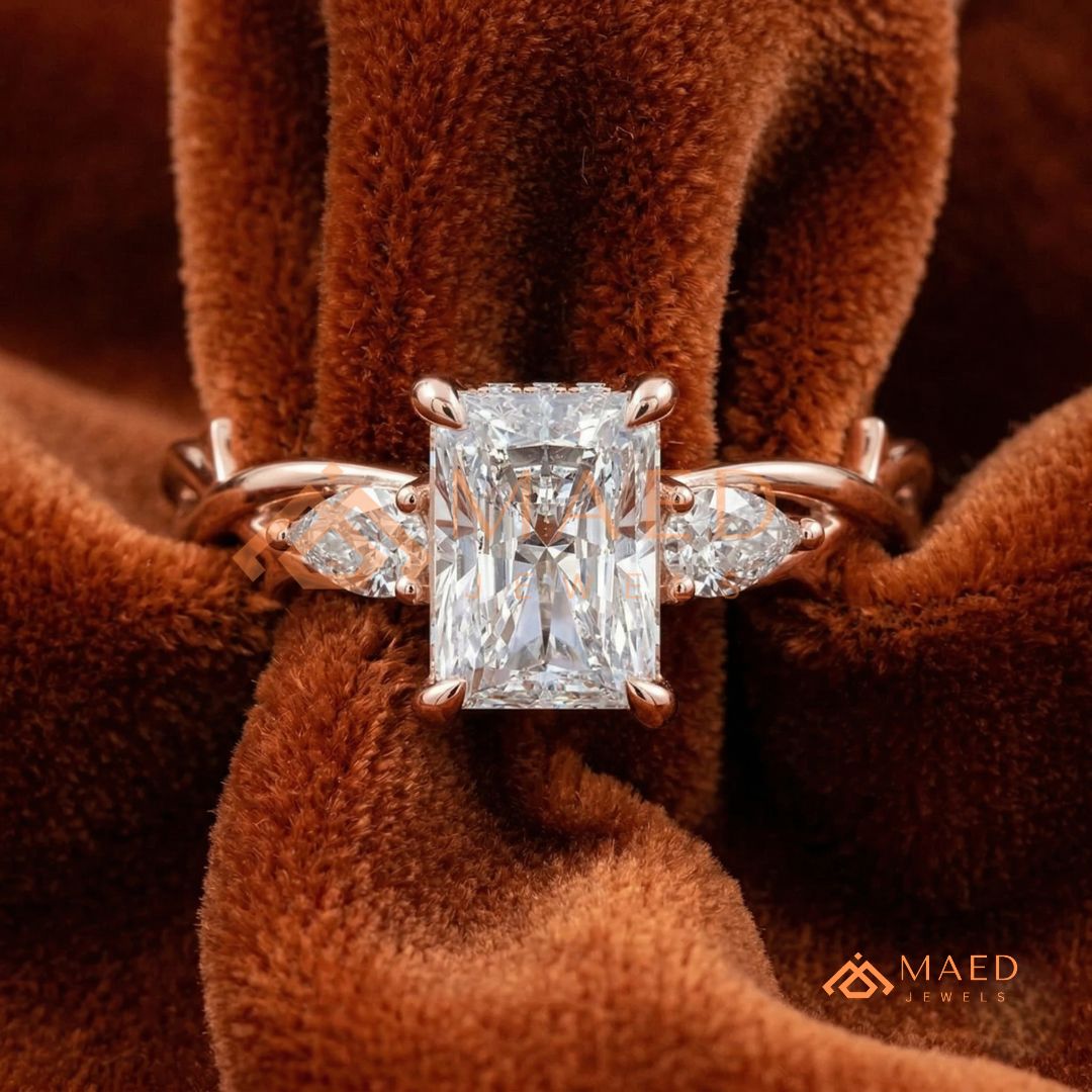 Nature-Inspired Radiant Cut Three-Stone Engagement Ring in Silver, 14k Gold, Rose Gold & Rose Gold