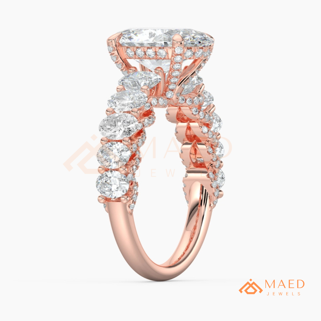 Elongated Oval Cut Engagement Ring with Oval Accent Band | 14k Gold, Rose Gold & Silver