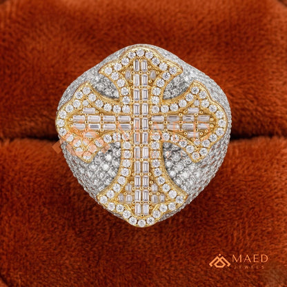 Heavy Iced-Out Baguette Cross Statement Ring – 925 Silver, 14K Gold & Rose Gold
