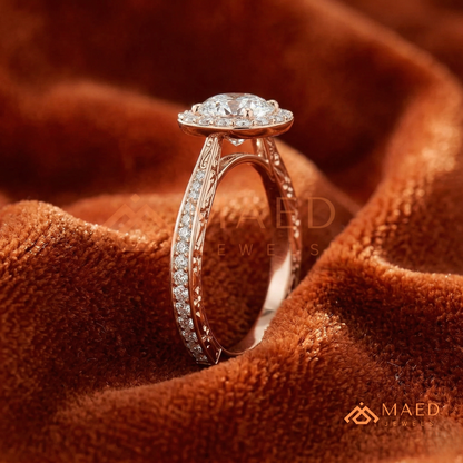 Vintage Milgrain Halo Diamond Simulant Ring in 14K Yellow Gold, Rose Gold & Silver