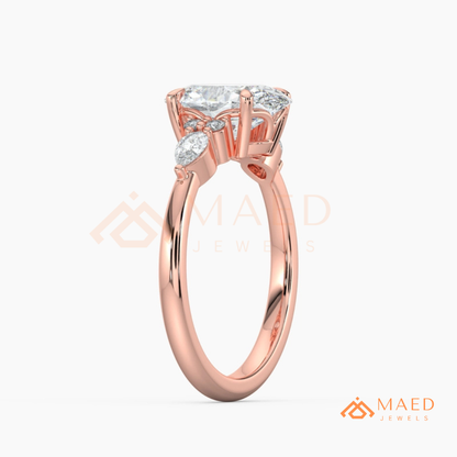 Oval Cut Engagement Ring with Pear and Round Cluster Band in Silver, 14K Gold, & 14K Rose Gold