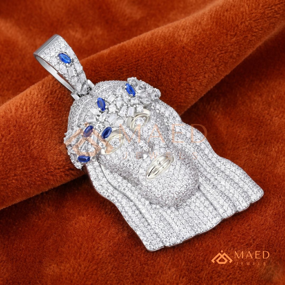 Iced Out Jesus Head Piece with Blue Sapphires | Silver, 14K Yellow & Rose Gold