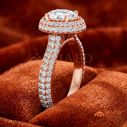 Radiant Oval Double Halo Engagement Ring with Multi-Row Pavé Band