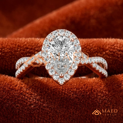 Pear-Cut Moissanite/Diamond Halo Engagement Ring with Twisted Pavé Band