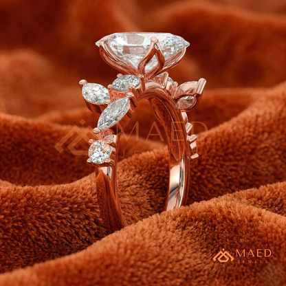 Asymmetric Oval Cut Cluster Engagement Ring | Marquise Leaf Vine Band