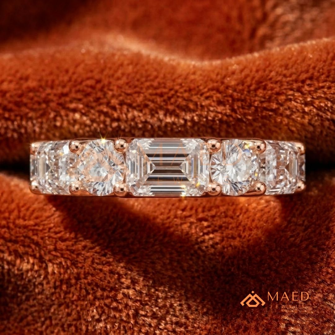 5-Stone Mixed Cut Diamond Wedding Band | Emerald & Round Moissanite Anniversary Ring in Silver, 14K Gold, & Rose Gold