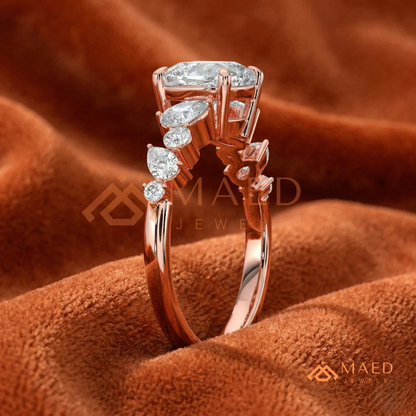 Cushion Cut Engagement Ring with Pear Accent Band in Silver, 14K Gold, & 14K Rose Gold