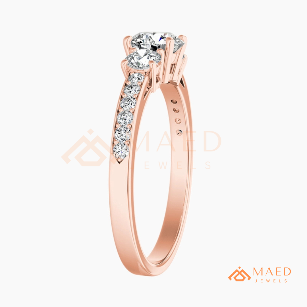 Round Cut 3-Stone Engagement Ring in 14K Gold, Rose Gold & Silver | Classic Three Stone Pave Moissanite Ring for Women