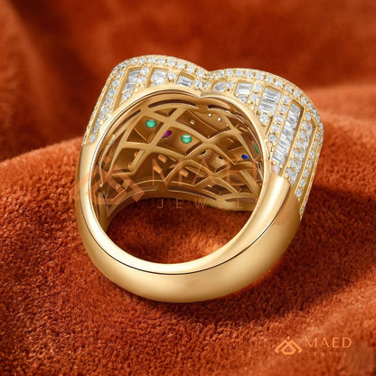 Luxury Multi-Color Iced Heart Statement Ring – 925 Silver, 14K Gold & Rose Gold