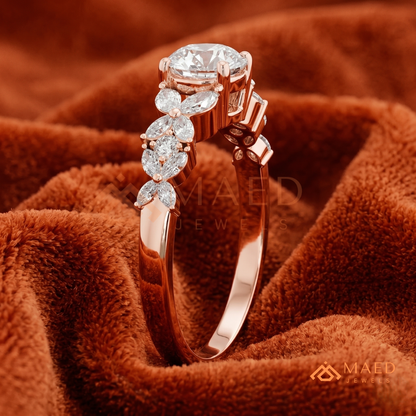 Botanical Marquise Cluster Engagement Ring with Round Center Stone