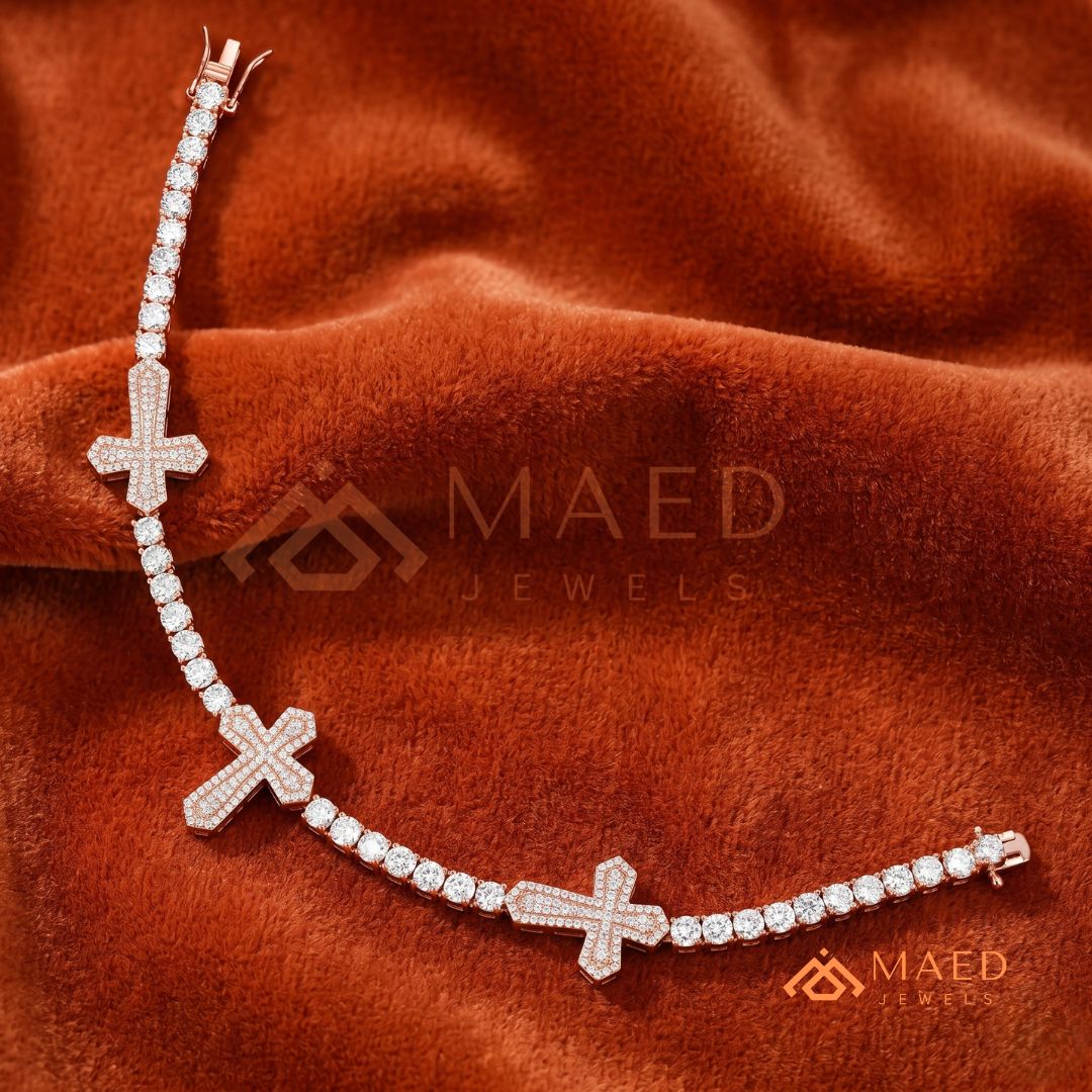 Multi-Cross Iced Tennis Bracelet – Sterling Silver, Gold & Rose Gold