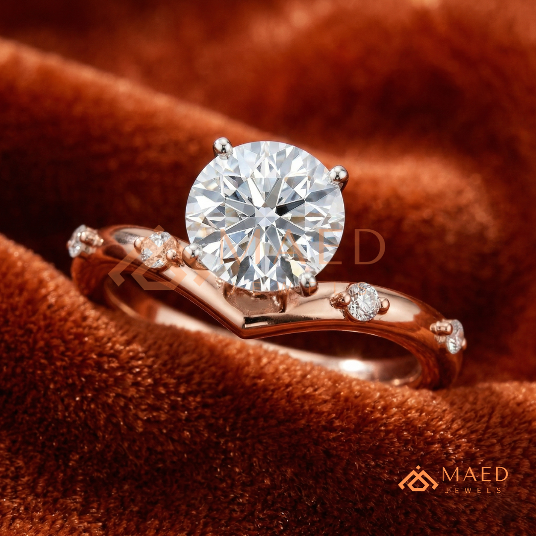 Round Cut Chevron Engagement Ring in Sterling Silver, 14K Gold & 14K Rose Gold