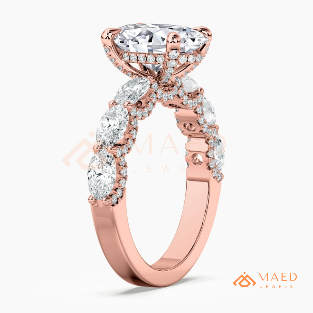 Oval Cut Engagement Ring with Large Round Accent Band | 14K Gold & Silver Shared Prong