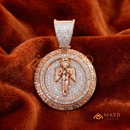 925 Sterling Silver Micro Pave Angel Medallion Pendant with Greek Key Border