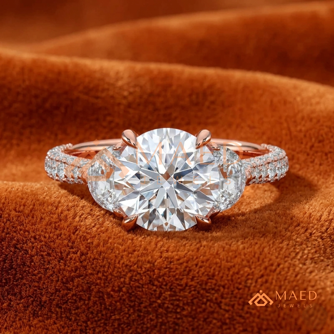 Round Brilliant and Half Moon Three Stone Ring | Multi-Row Pavé Band in 14k Gold & Silver