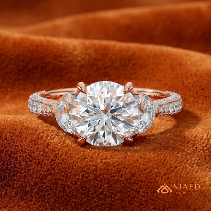 Round Brilliant and Half Moon Three Stone Ring | Multi-Row Pavé Band in 14k Gold & Silver