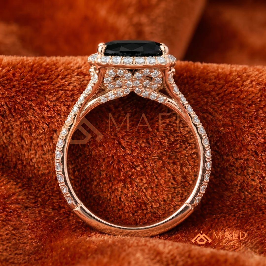 Gothic Luxury Black Spinel Split Shank Ring – Silver, 14K Yellow & Rose Gold