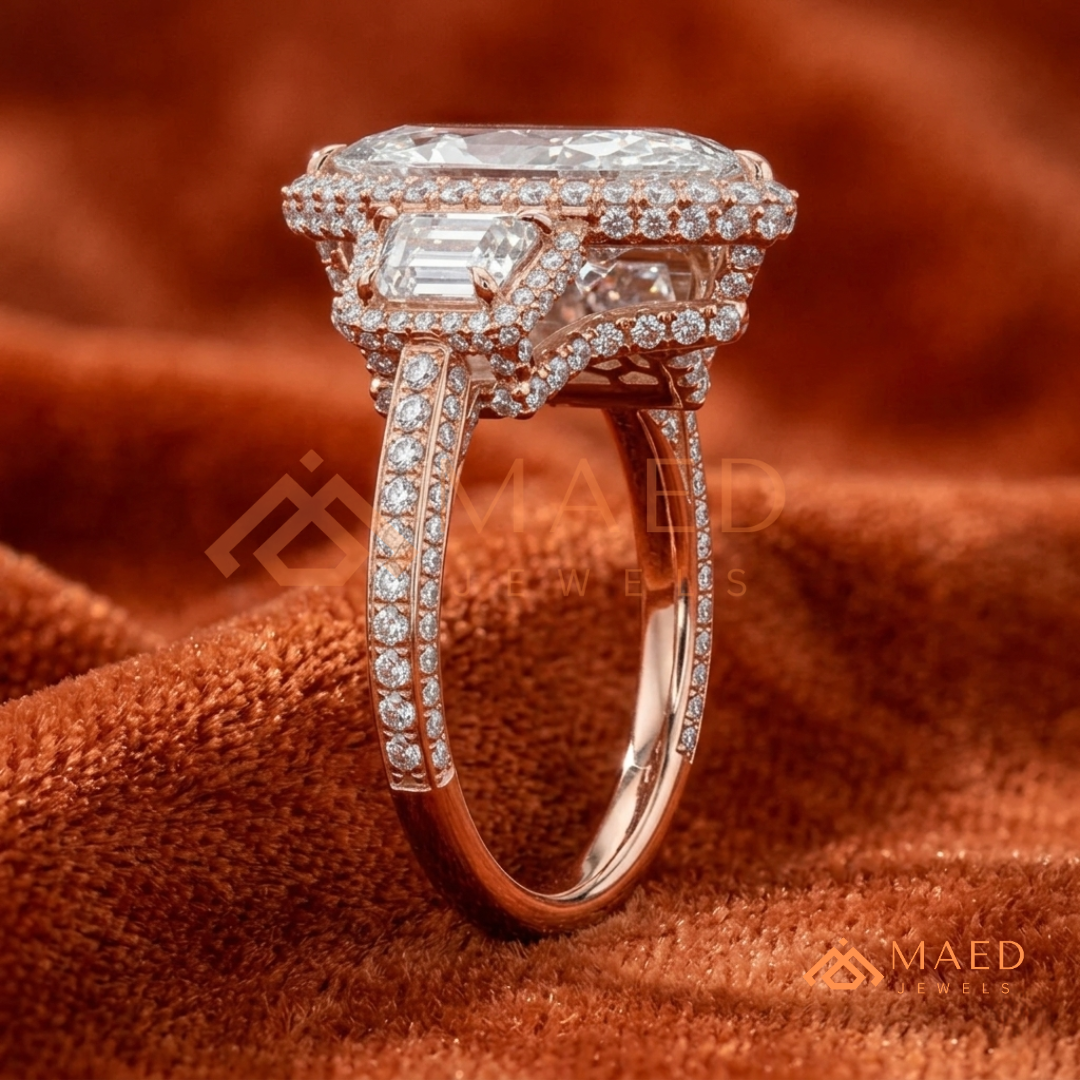 Vintage Marquise Cut 3-Stone Halo Ring with Triple-Row Pavé Band
