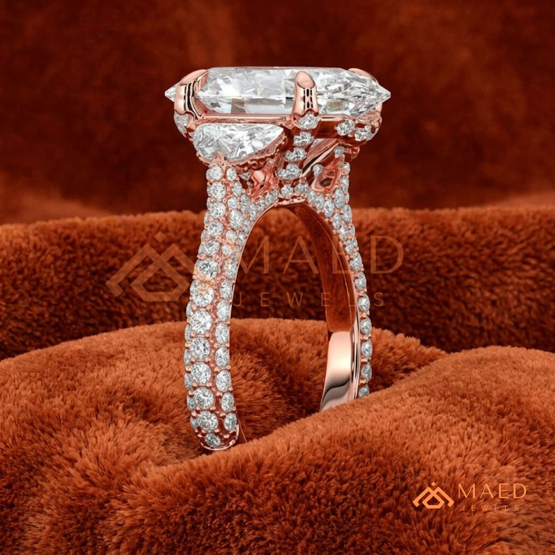 Oval Cut Engagement Ring with Half Moon Side Stones and Pavé Band in Silver, 14K Gold, & 14K Rose Gold
