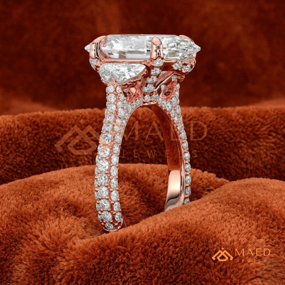 Oval Cut Engagement Ring with Half Moon Side Stones and Pavé Band in Silver, 14K Gold, & 14K Rose Gold